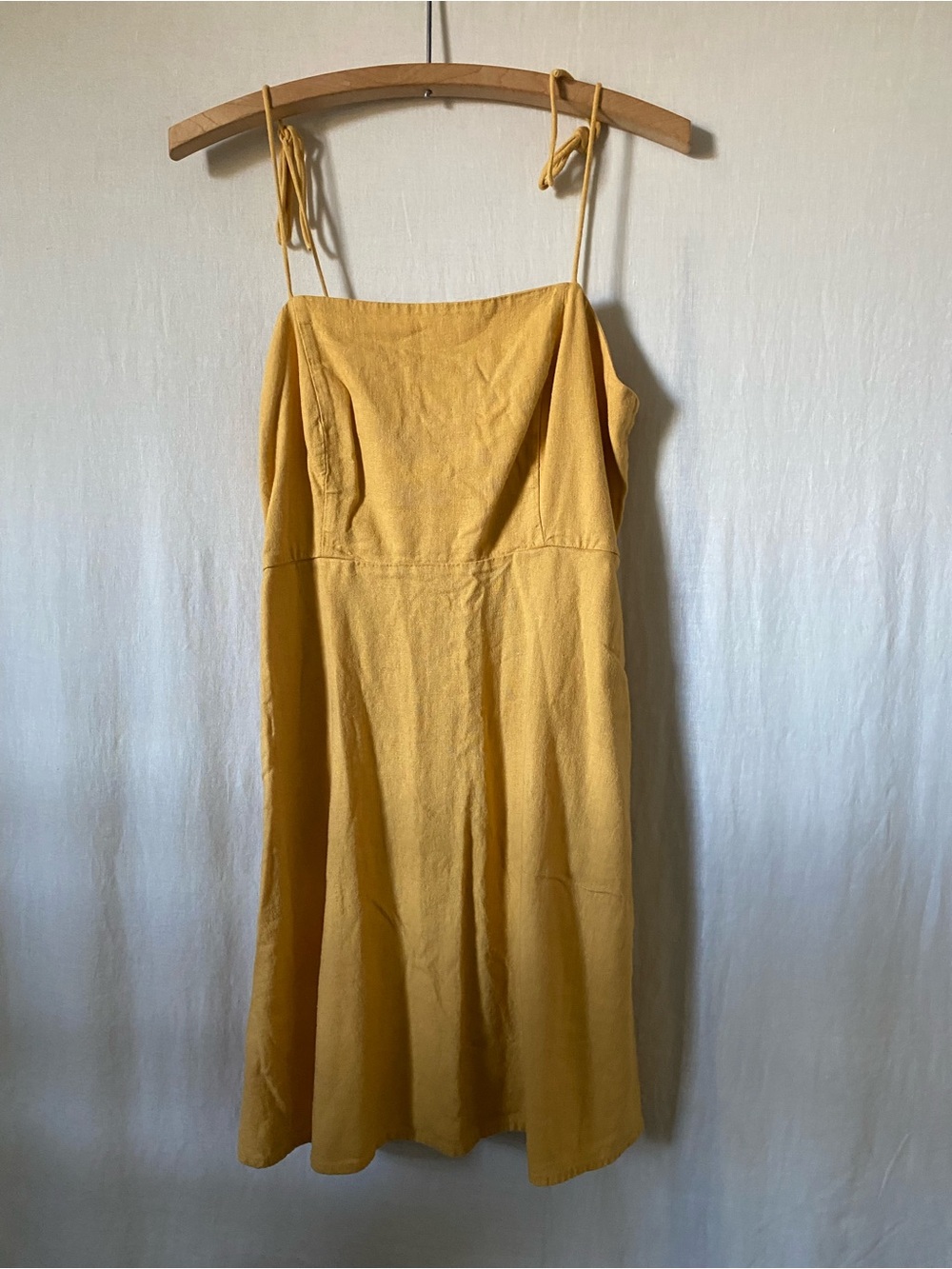 Linen Mustard Yellow Tie-Shoulder Midi Dress with Pockets and Cinched Back - Med